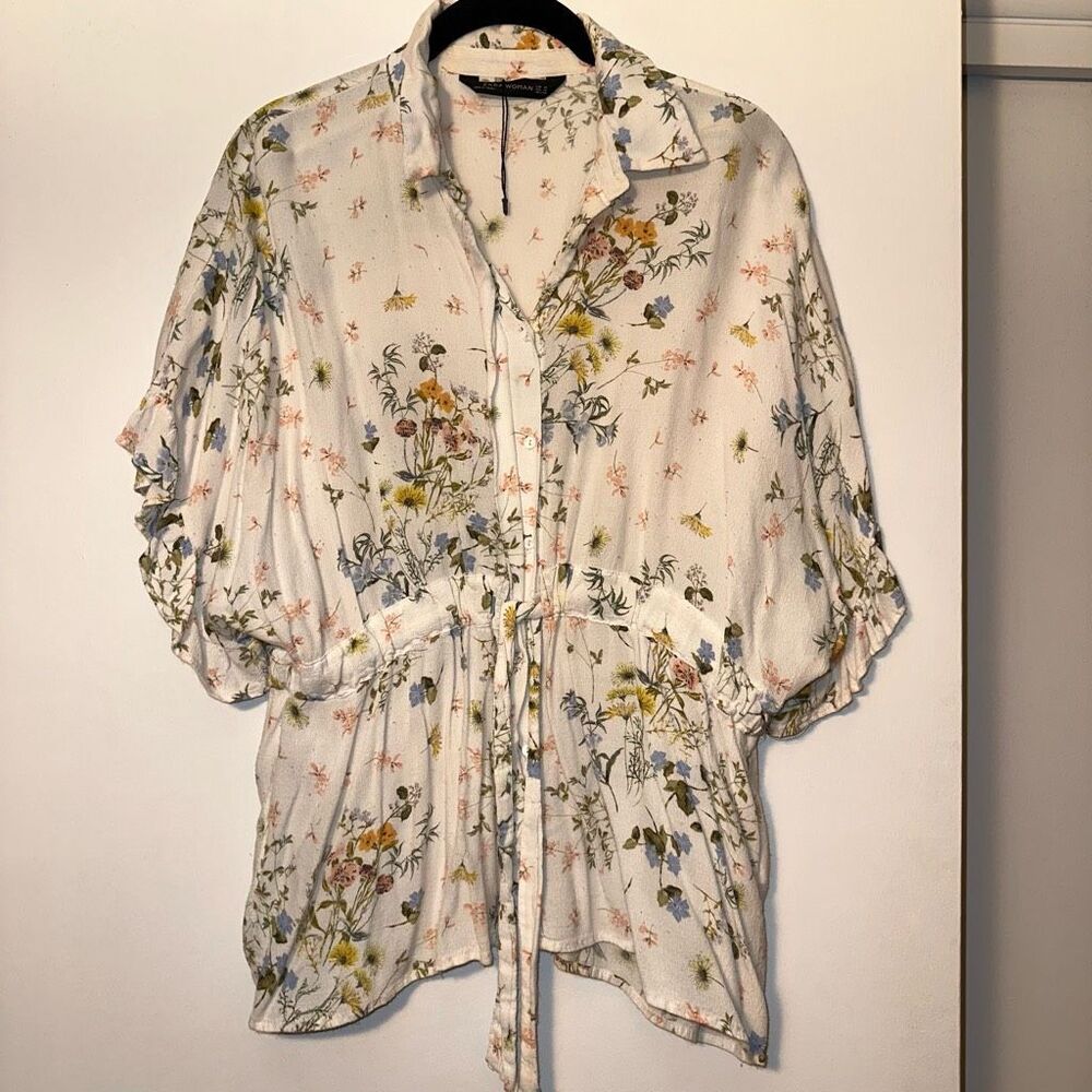 Zara Women’s Medium White Floral Collared Cinch Waist Flowy Boho Blouse Shirt